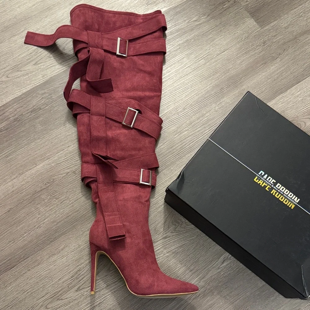 CAPE ROBBIN 🔥 Katey Buckle Suede Wrap Over-the-Knee Boots - Burgundy 🔥 Size 9